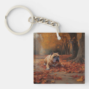 Bulldog in Autumn Leaves Fall Inspire  Keychain
