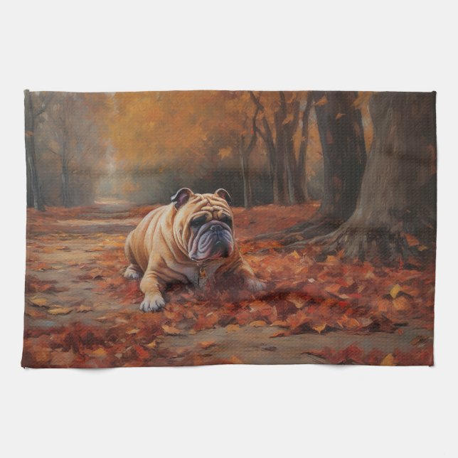 Bulldog in Autumn Leaves Fall Inspire  Kitchen Towel (Horizontal)