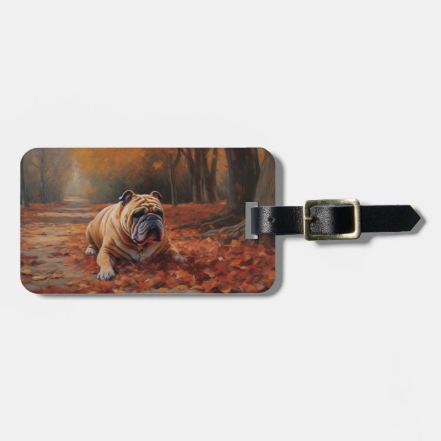 Bulldog in Autumn Leaves Fall Inspire  Luggage Tag (Front Horizontal)