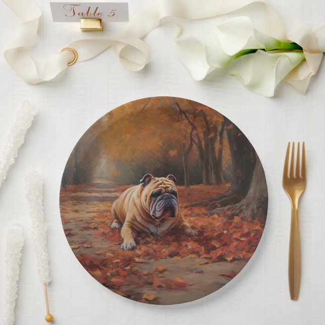 Bulldog in Autumn Leaves Fall Inspire  Paper Plates (Wedding)