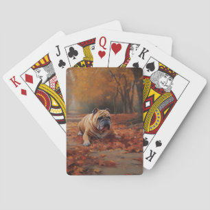 Bulldog in Autumn Leaves Fall Inspire Poker Cards