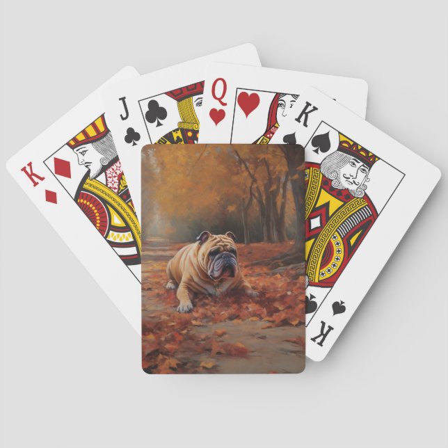 Bulldog in Autumn Leaves Fall Inspire  Poker Cards (Back)