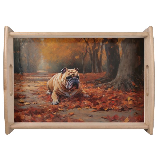 Bulldog in Autumn Leaves Fall Inspire  Serving Tray (Front)