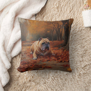Bulldog in Autumn Leaves Fall Inspire Throw Pillow