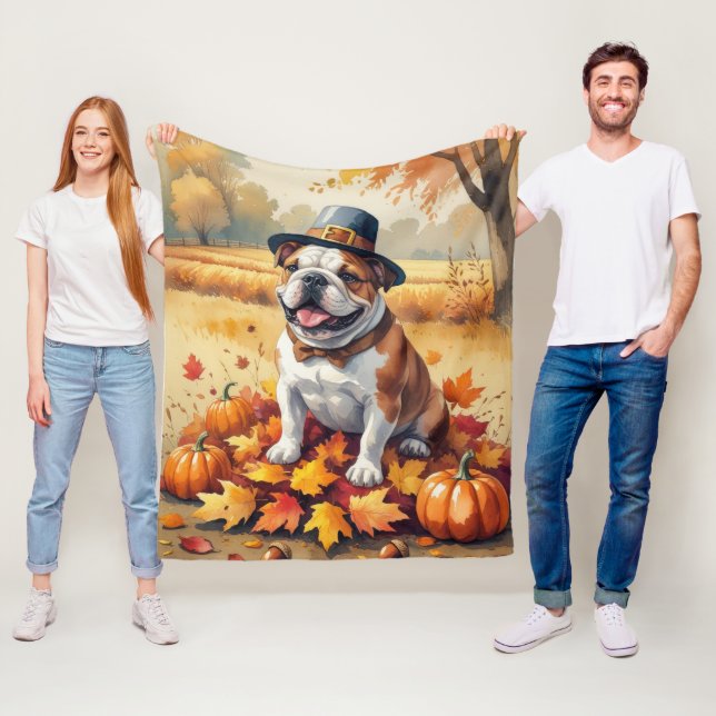 Bulldog In Autumn Leaves Thanksgiving Art Fleece Blanket (In Situ)
