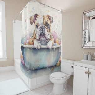 Bulldog In Bathtub Watercolor Dog Art Shower Curtain