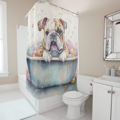 Bulldog  In Bathtub Watercolor Dog Art Shower Curtain