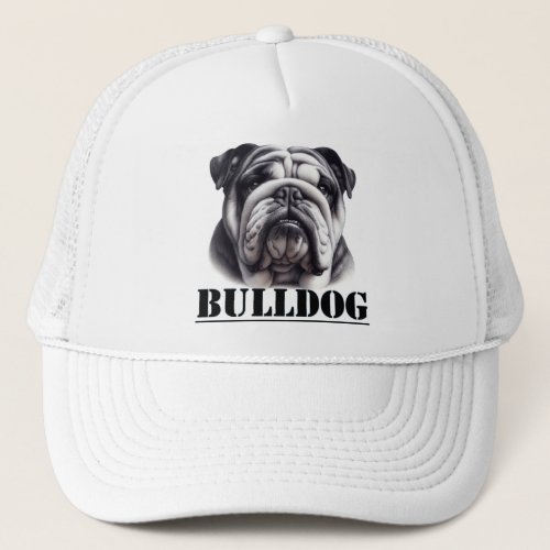 Bulldog in black  white trucker hat