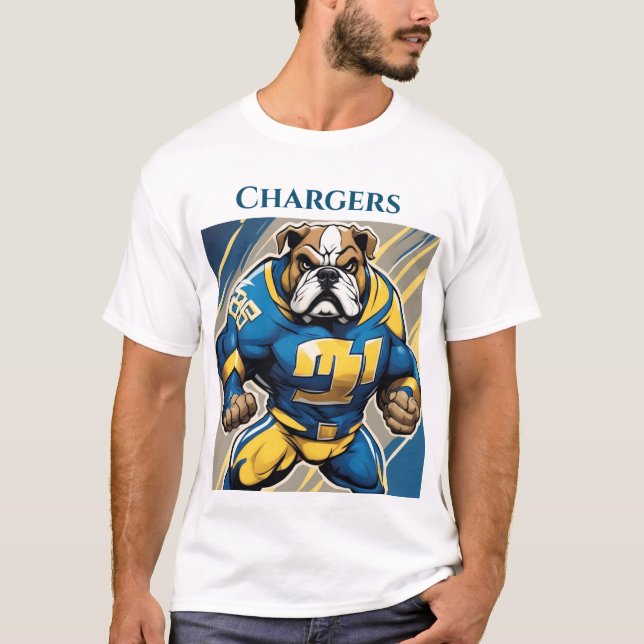 Bulldog in Chargers Colored Cersey T-Shirt (Front)