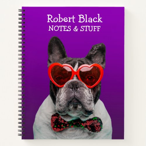 Bulldog in heart glasses and bow tie  notebook