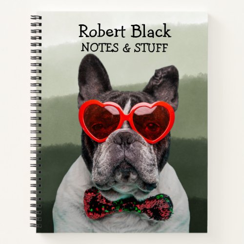 Bulldog in heart glasses and bow tie  notebook