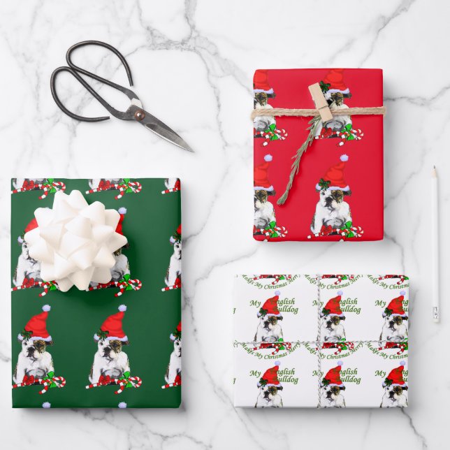 Bulldog in Santa Hat Christmas Wrapping Paper Sheets (Front)