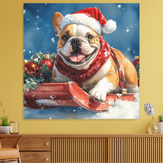 Bulldog in Sledge Let it Snow Christmas Canvas Print (Insitu(LivingRoom))