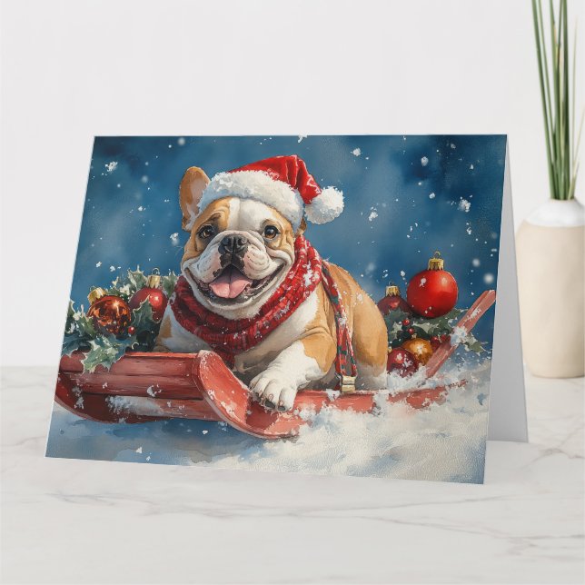 Bulldog in Sledge Let it Snow Christmas Card (Front)