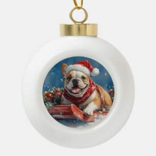 Bulldog in Sledge Let it Snow Christmas Ceramic Ball Christmas Ornament