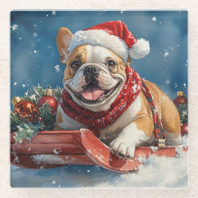 Bulldog in Sledge Let it Snow Christmas Glass Coaster (Front)