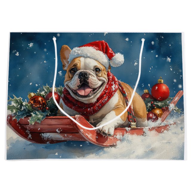 Bulldog in Sledge Let it Snow Christmas Large Gift Bag (Front)