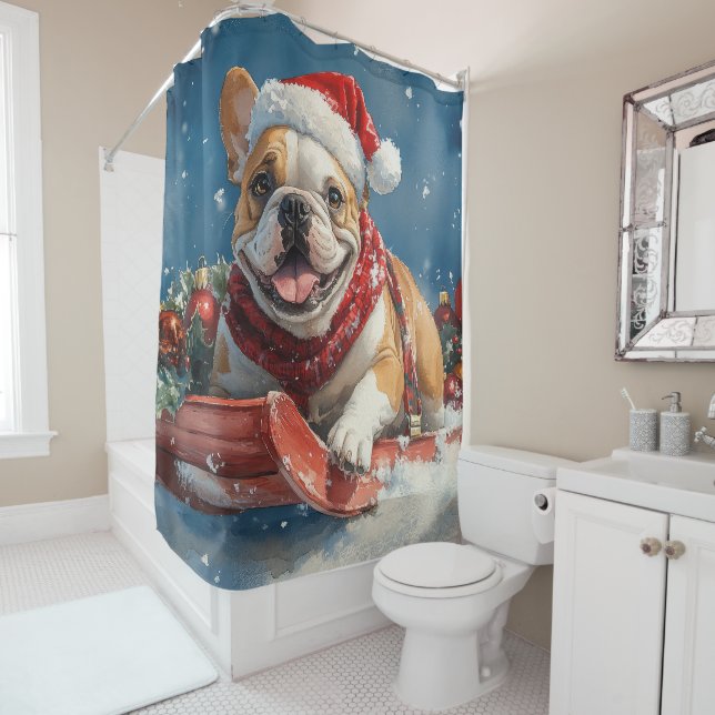 Bulldog in Sledge Let it Snow Christmas Shower Curtain (In Situ)