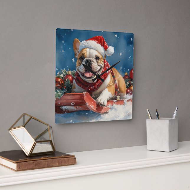 Bulldog in Sledge Let it Snow Christmas Square Wall Clock (Office)