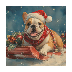 Bulldog in Sledge Let it Snow Christmas Wood Wall Art