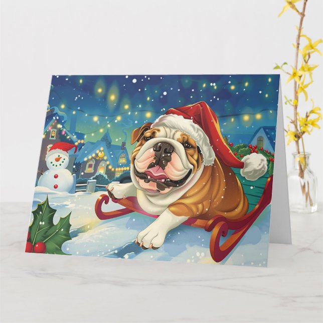 Bulldog in Sleigh Snow Christmas Card (Yellow Flower)