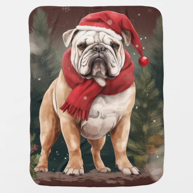 Bulldog in Snow Christmas Baby Blanket (Front)