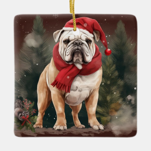 Bulldog in Snow Christmas Ceramic Ornament (Front)