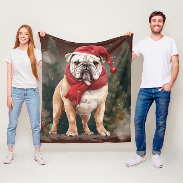 Bulldog in Snow Christmas Fleece Blanket (In Situ)