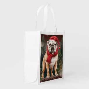 Bulldog in Snow Christmas Grocery Bag