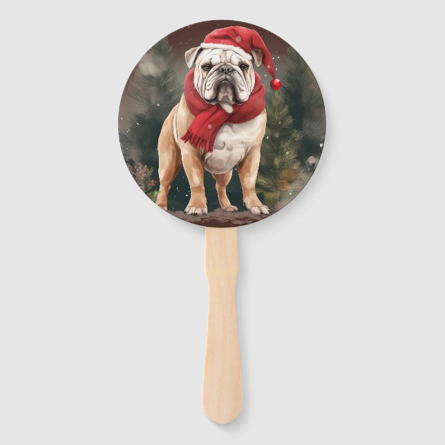 Bulldog in Snow Christmas Hand Fan (Front)