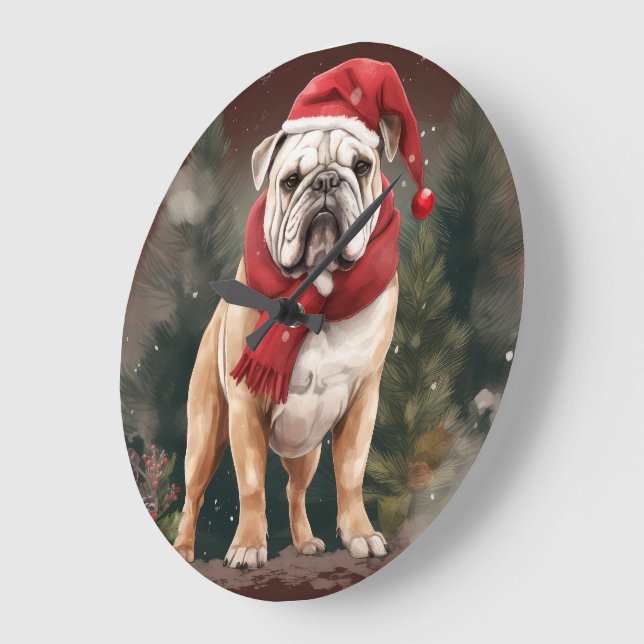 Bulldog in Snow Christmas Large Clock (Angle)