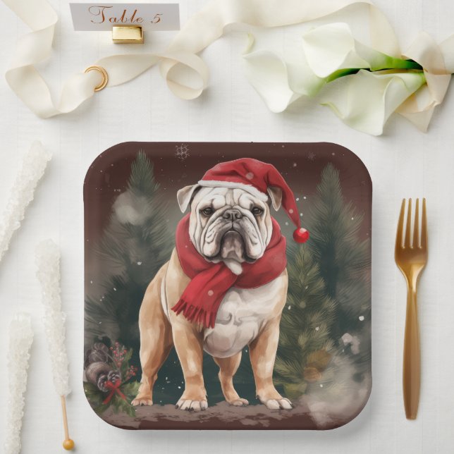 Bulldog in Snow Christmas Paper Plates (Wedding)