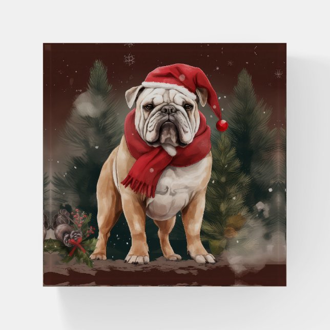 Bulldog in Snow Christmas Paperweight (Front)