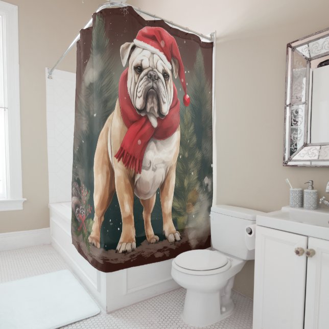 Bulldog in Snow Christmas Shower Curtain (In Situ)