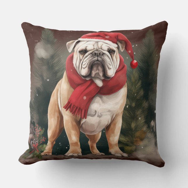 Bulldog in Snow Christmas Throw Pillow (Front)