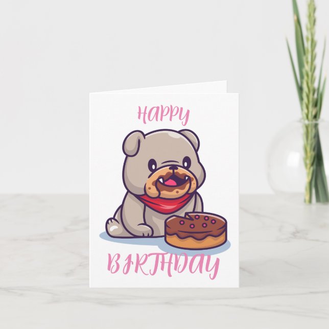 Bulldog Kawaii Happy Birthday Card (Front)