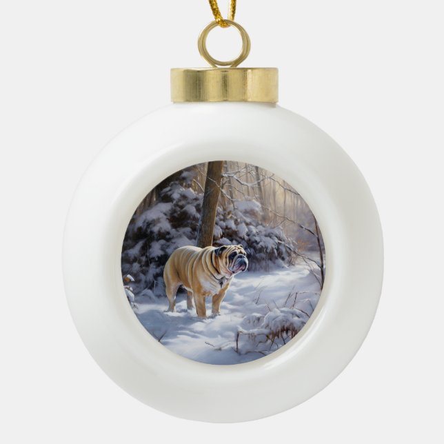 Bulldog Let It Snow Christmas Brushed  Ceramic Ball Christmas Ornament (Front)