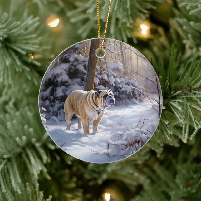 Bulldog Let It Snow Christmas Brushed  Ceramic Ornament (Tree)