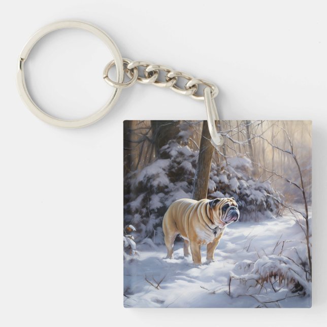Bulldog Let It Snow Christmas Brushed  Keychain (Front)
