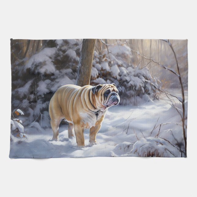 Bulldog Let It Snow Christmas Brushed  Kitchen Towel (Horizontal)