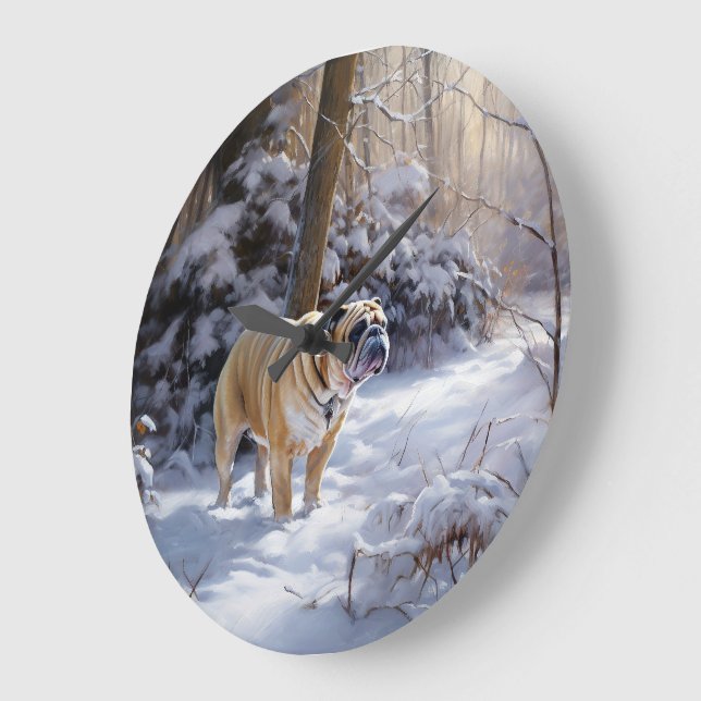 Bulldog Let It Snow Christmas Brushed  Large Clock (Angle)
