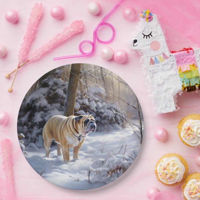 Bulldog Let It Snow Christmas Brushed  Paper Plates (Party)