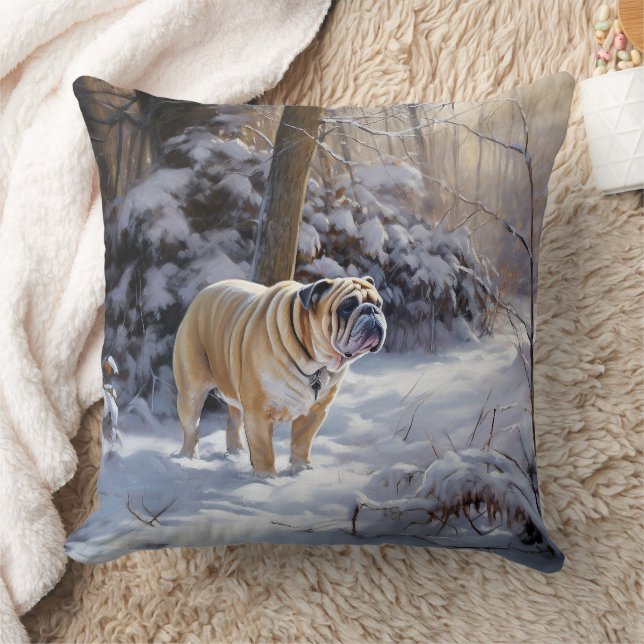 Bulldog Let It Snow Christmas Brushed  Throw Pillow (Blanket)