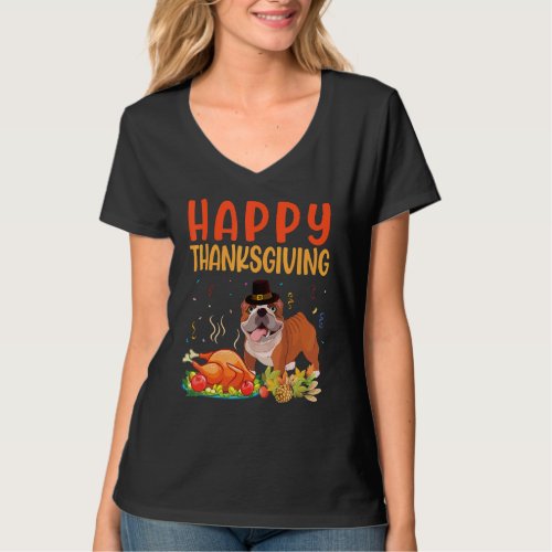 Bulldog Look Turkey Meat Dish Happy Thanksgiving D T_Shirt