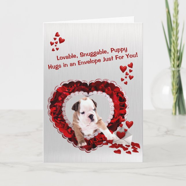 Bulldog Lovable Snuggable Puppy Hugs Holiday Card (Front)