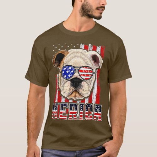 Bulldog Merica American US Flag 4th Of July Dog Lo T_Shirt