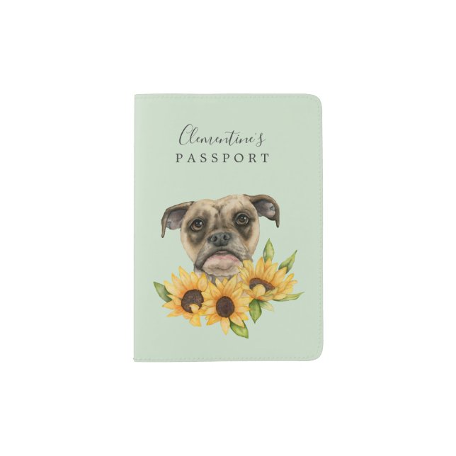 Bulldog Mix with Sunflowers | Add Your Name Passport Holder (Front)
