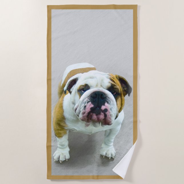 Bulldog Painting - Cute Original Dog Art Beach Towel (Front)