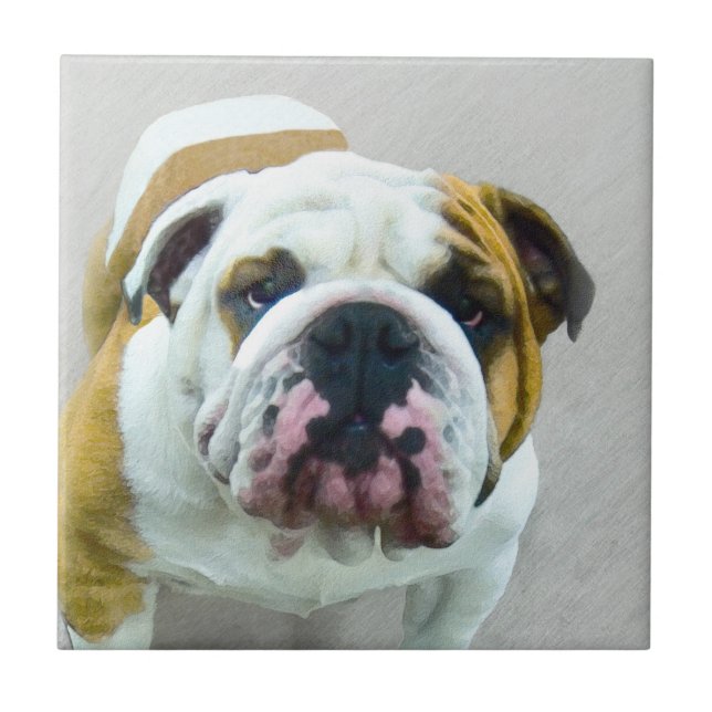 Bulldog Painting - Cute Original Dog Art Ceramic Tile (Front)