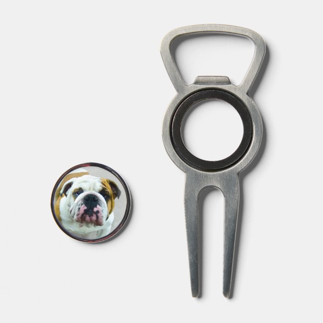 Bulldog Painting - Cute Original Dog Art Divot Tool (Front (Open))